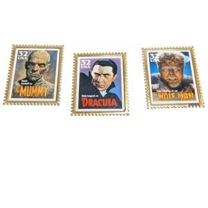 Three Gold Tone Stamp Pinback Mummy Dracula & Wolf Man